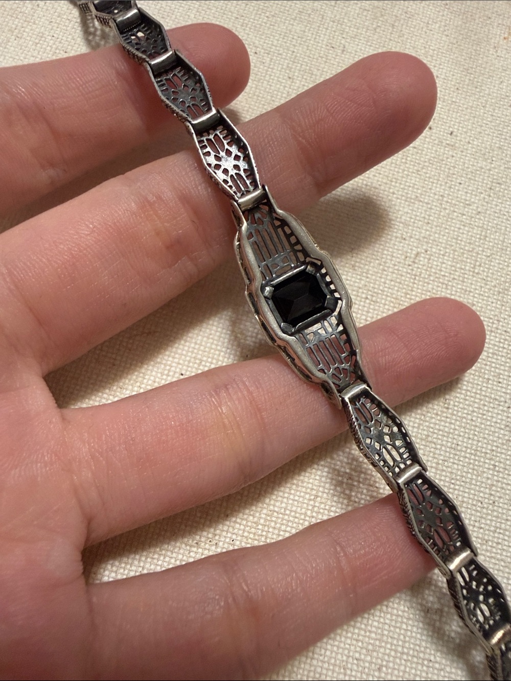Vintage Antique Sterling Silver Filigree Bracelet W/Diamond & Black Dial 7.5’ - Picture 6 of 11